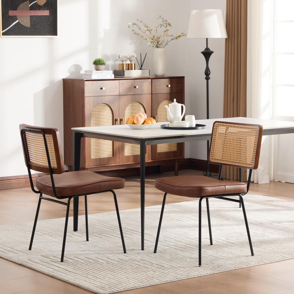 Modern Dining Chair, Set of 2, PU Leather Upholstery In Vintage Style, Without Armrests, Solid Wood Frame, Rattan Look, Adjustable Metal Feet-Brown