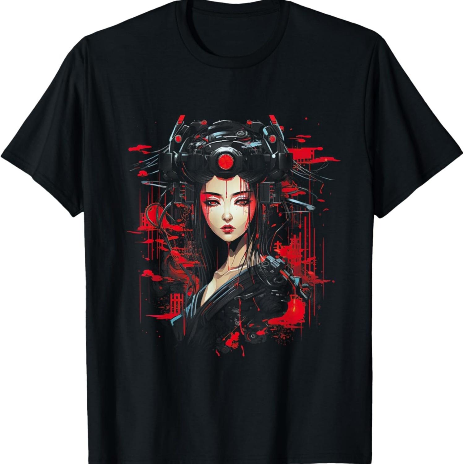 Japanese Cyberpunk Women Geisha T-Shirt S чёрный