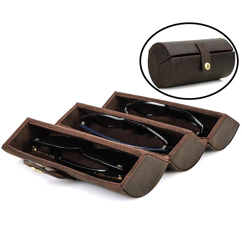Vintage Crazy Horse Leather Cylindrical Sunglasses Case Set - 3-Piece Handmade Genuine Leather Glasses Holder
