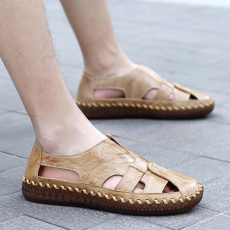 Summer Split Leather Men Sandals Outdoor Slides Handmade Men Slippers Breathable Beach Sandal Men's Leisure Shoes Zapatos Hombre