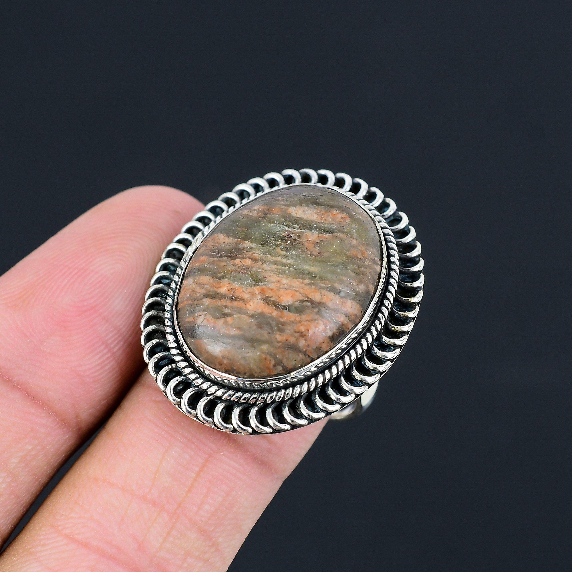 

Friendship Day Sale Sterling Silver Unakite Gemstone Statement Ring Jewelry US 9 9