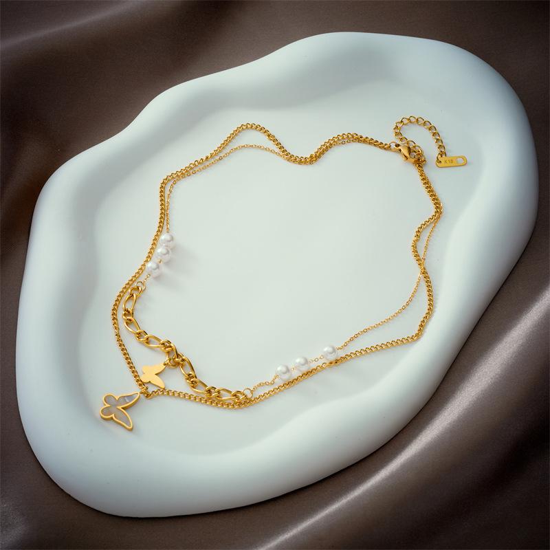 Gold Plated Butterfly Pearl Layered Necklace, Dainty Double Chain Choker for Women, Elegant Daily Jewelry Gift золотой