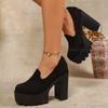 Black Suede Platform Loafers Women's Block Heel Slip-On Shoes Thick Sole Footwear for Ladies Non-Slip Round Toe High Heel Pumps