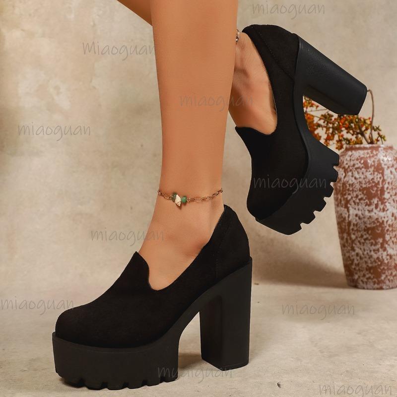 Black Suede Platform Loafers Women's Block Heel Slip-On Shoes Thick Sole Footwear for Ladies Non-Slip Round Toe High Heel Pumps