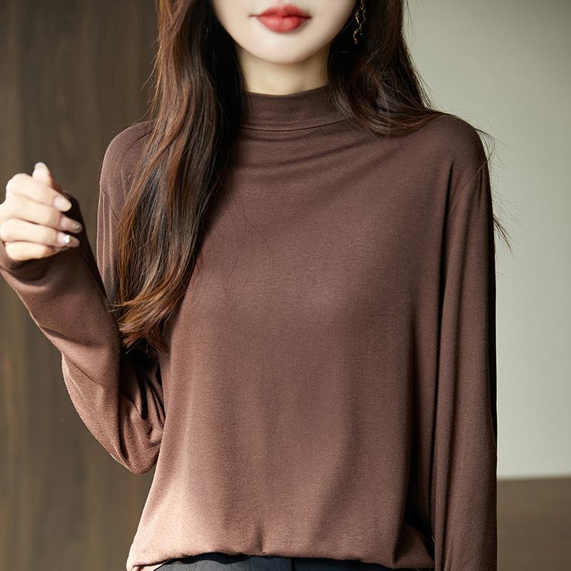 

Fashion and thin pullover with semi-turtleneck sweater women s bottoming shirt, new autumn and winter solid color simple temperament knitted sweater L темно-коричневого