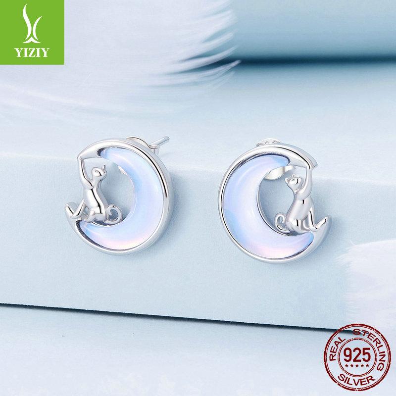 Niche Light Luxury Moon Cat Stud Earrings Female, Temperament S925 Sterling Silver Earrings