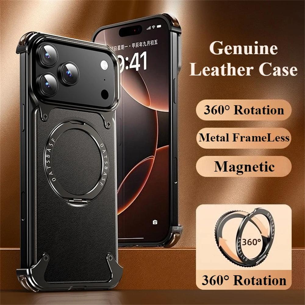 Luxury Genuine Leather for Magsafe Magnetic Wireless Charge Case for iPhone 17 16 15 14 13 Pro Max 360° Rotatable Ring Stand Shockproof Cover