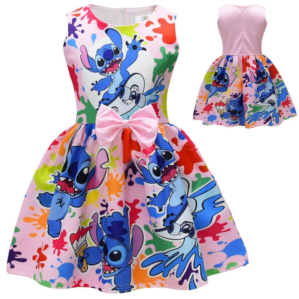 Vestido de Menina Lilo Stitch Com Laço de Borboleta Poliéster Algodão Para Primavera Outono Brincadeiras