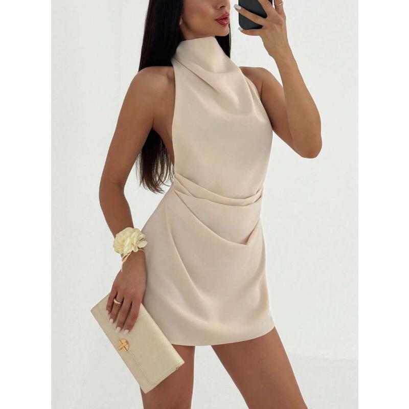 Women's Satin Halter Neck Mini Dress Backless Draped Waist Sleeveless Elegant Cocktail Party Evening Clubwear Short Dress 4 Colors