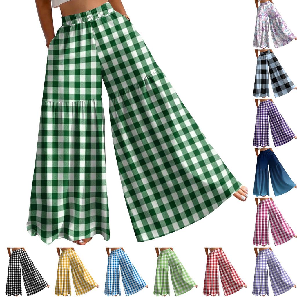 Women's High Waist Wide Leg Pants Loose Fit Lightweight Plaid Print Casual Trousers with Elastic Waistband Comfortable Fit