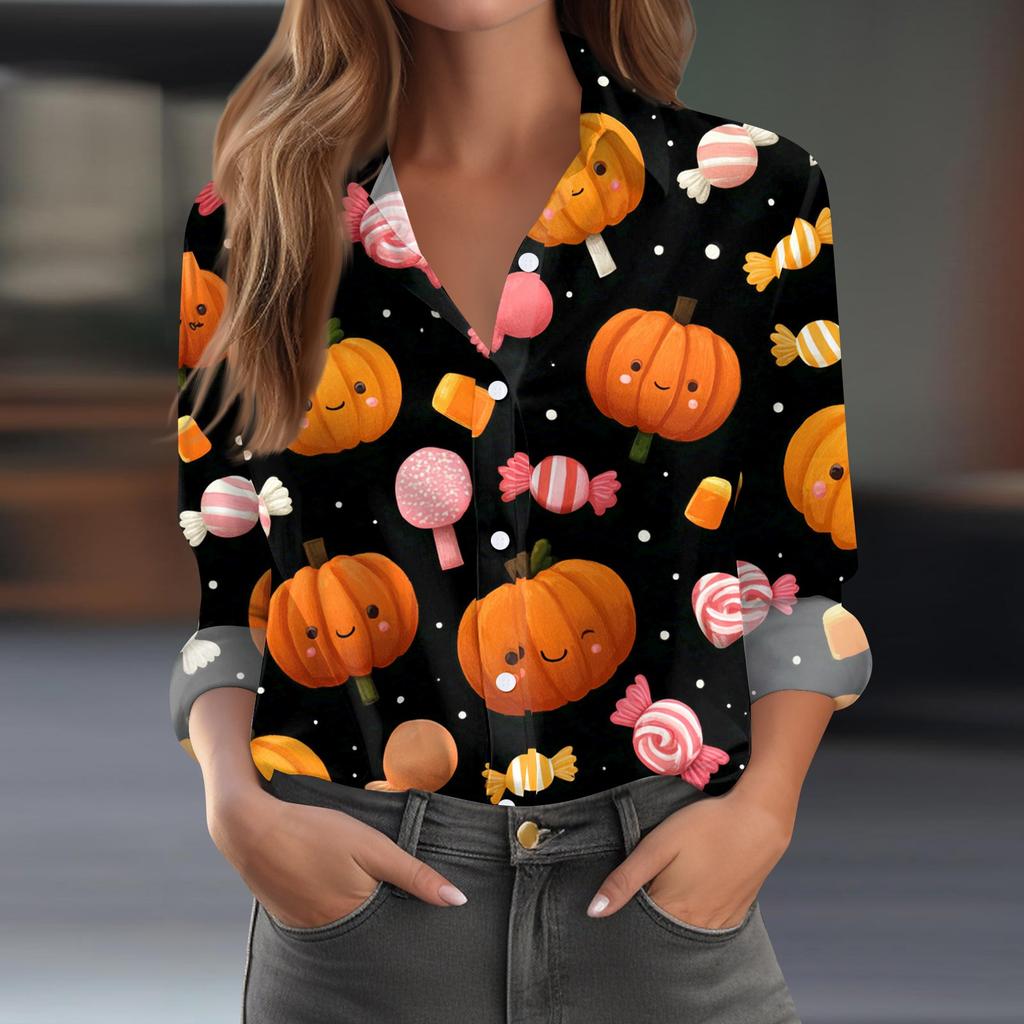Women's Halloween Printed Casual Half-Open Collar Long Sleeve Shirt