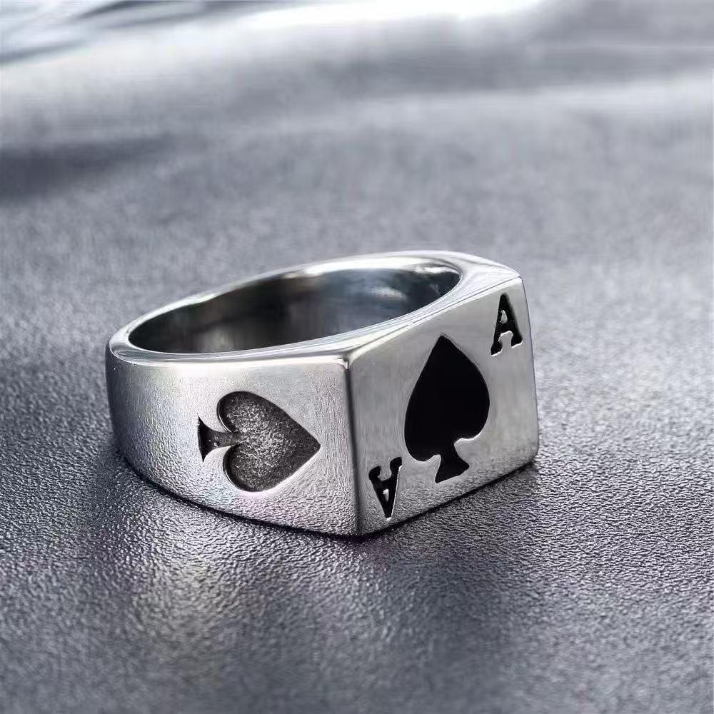 Trendy European American Retro Ace of Spades Men's Square Open Ring
