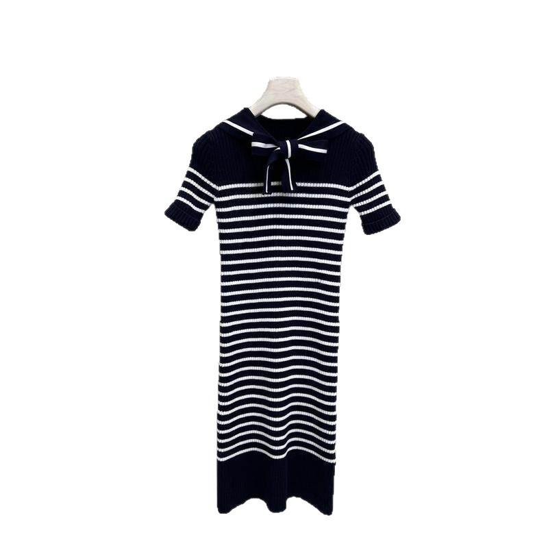 D new naval style bow striped dress women's short-sleeved knitted skirt fashionable versatile age-reducing dress