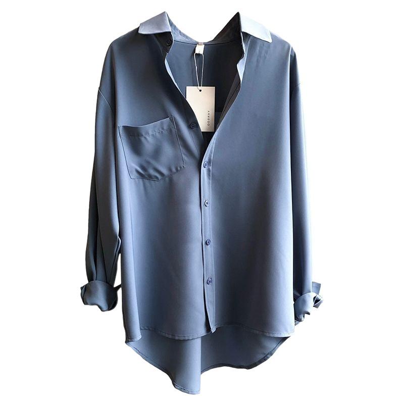 Women's Loose Gray-Blue Long-Sleeve Shirt - Niche Korean Hong Kong Style for Spring and Autumn