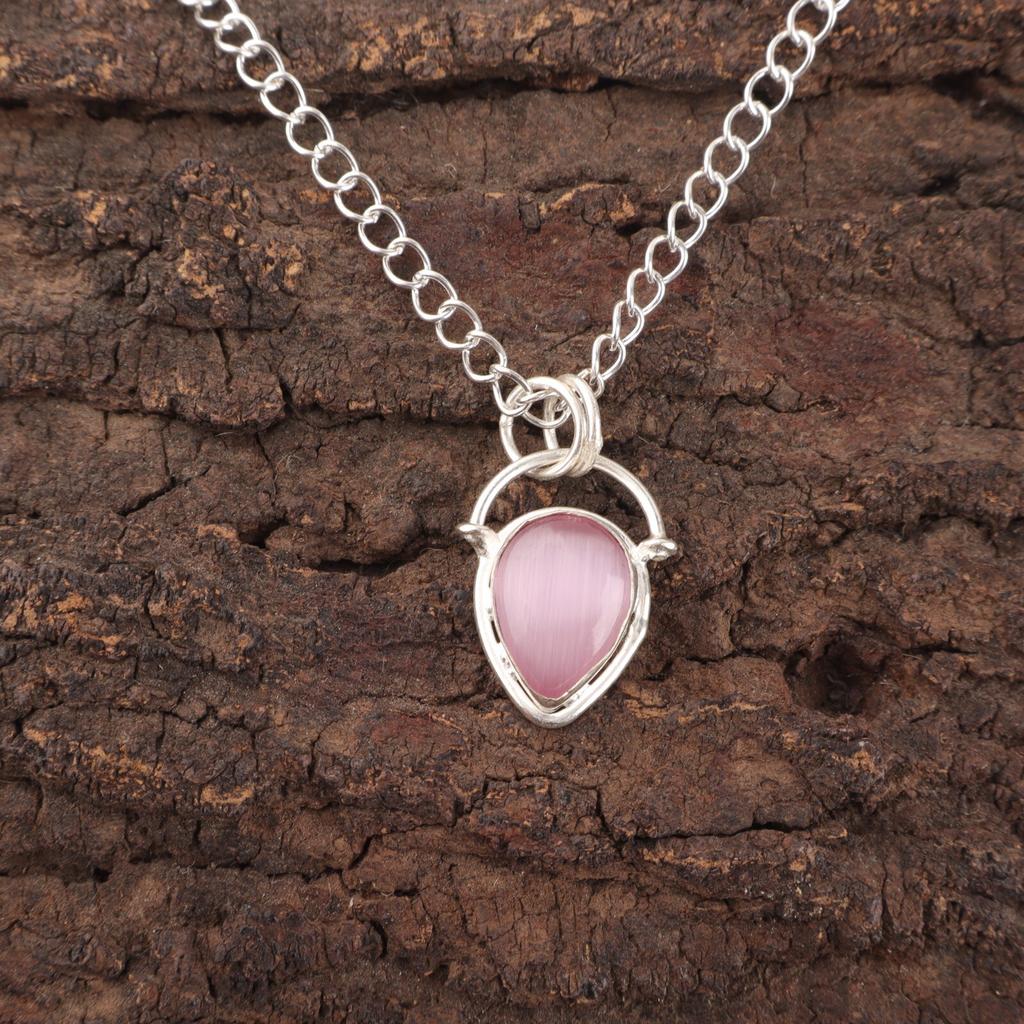 Pink Cat'S Eye Stone 925 Sterling Silver Elegant Sisters Gift Trendy New Pendant PP-56-36