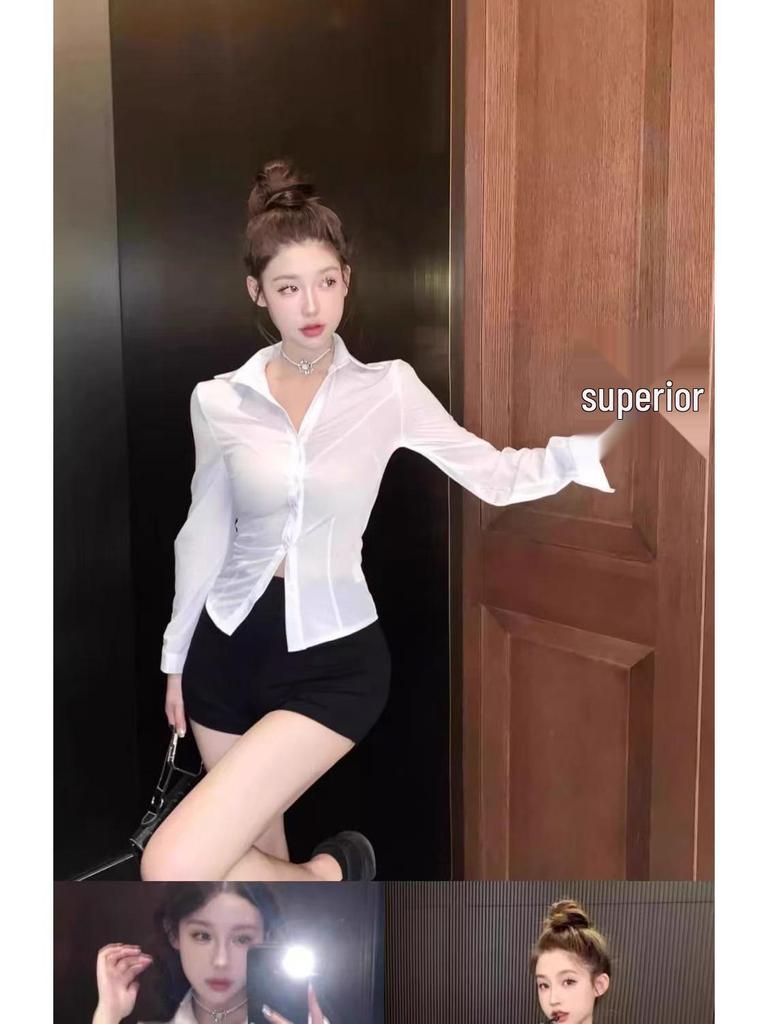 V-Neck Slim Fit Bodycon White Shirt for Women - Sexy Waist-Cinching Top with Chic Chest Design, Perfect for Autumn/Spring.