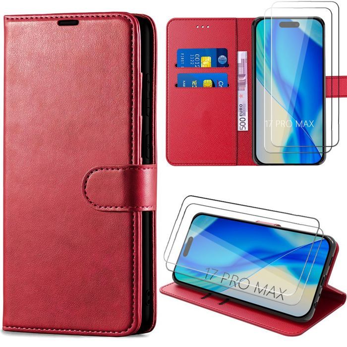 Coque pour iPhone 17 Pro Max - BOOLING - Protection Antichoc Synthécuir Rouge - 2 Verres Trempés