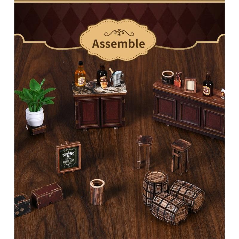 DIY Rohová krčma Drevená miniatúrna modelová stavebnica 3D puzzle so svetlom Nábytok Domčeky pre bábiky Chata pre priateľov Narodeninové darčeky