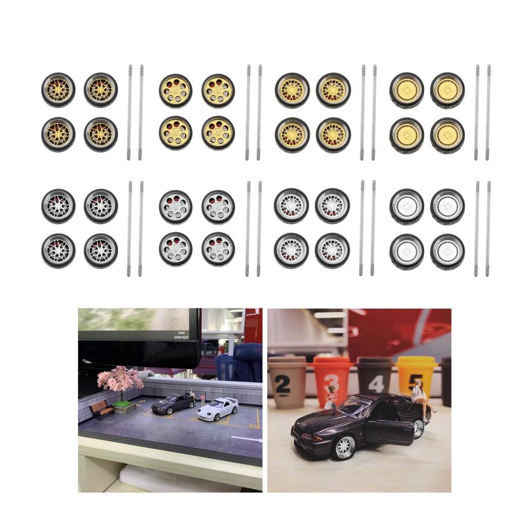 4Pcs/Set 1/64 Diecast Model Car Alloy Rubber Wheel & Tire Set Accessory Replacement Spare Parts