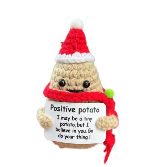 Positive Christmas Crochet Doll with Encouraging Card Emotional Support Handmade Knitting Santa Hat Potato Pickle Decoration Ornament Stress