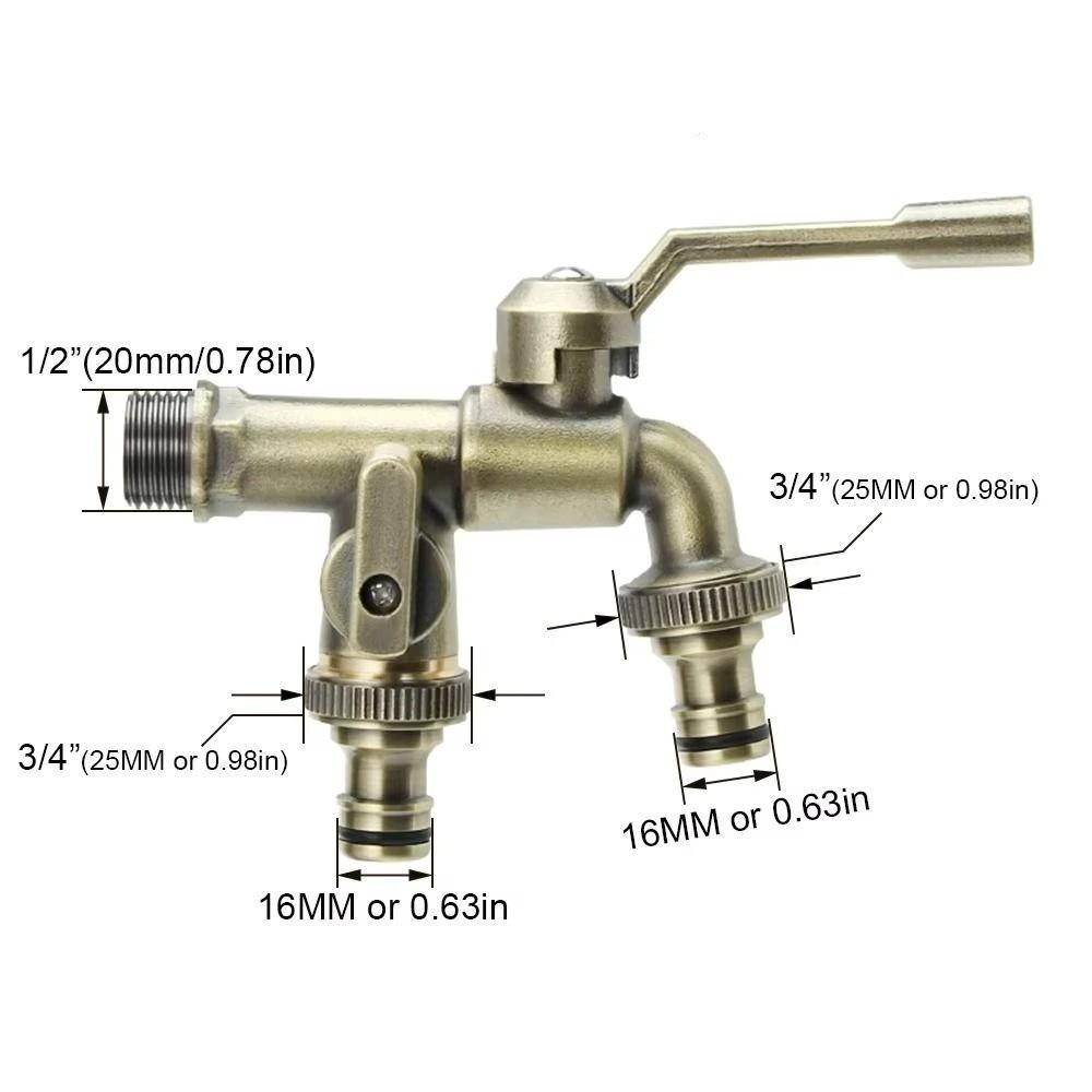 Anti-freezing All-copper Faucet One Inlet and Two Outlets Dual Water Outlets Brass Faucet Adapter 1/2inch Durable Outdoor Faucet
