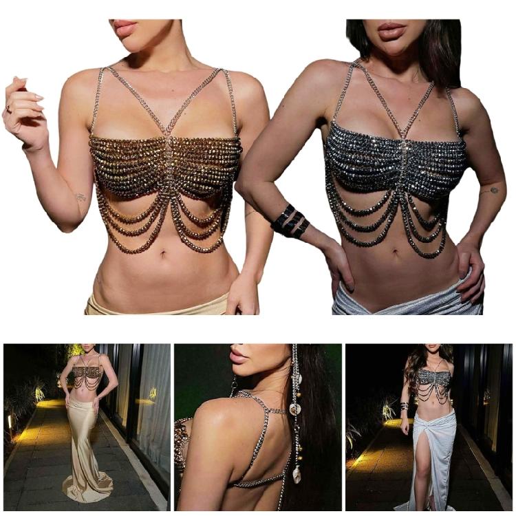 Women's Halterneck Vest Beaded Accents Glass Crystal Body Chain For Summer Parties Beach Vacation Stylish Chest Jewelry
