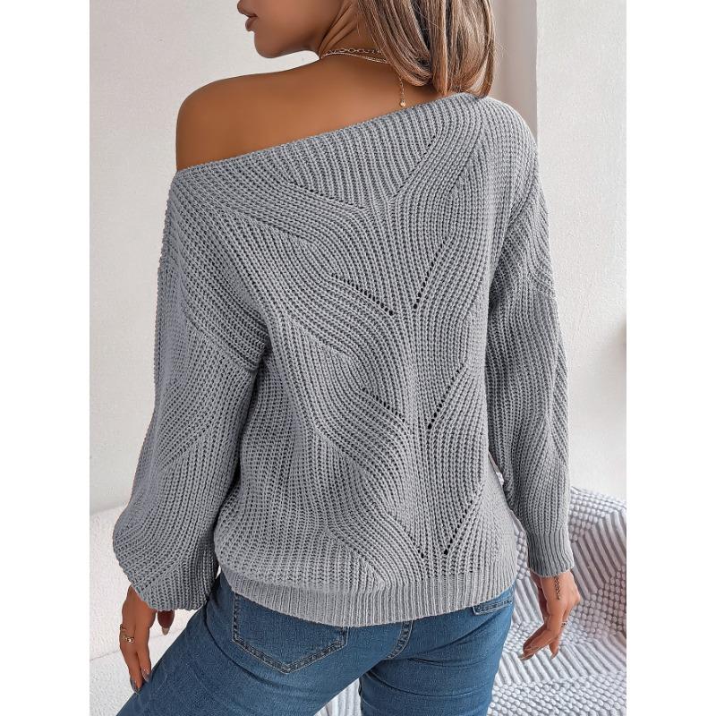 Women's Autumn/winter Casual Cut-out One-line Neck Off-shoulder Lantern Sleeve Sweater