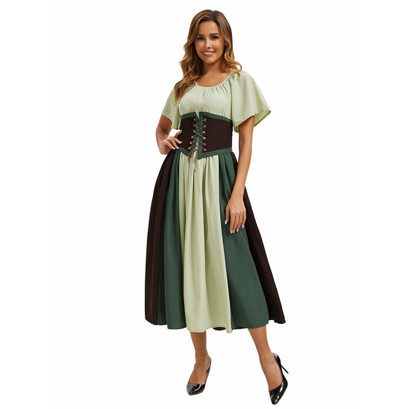 European and American New Products Medieval Retro Contrasting Color Splicing Lace-up Waist Swing Skirt Masquerade Ball Dress Dress Dress