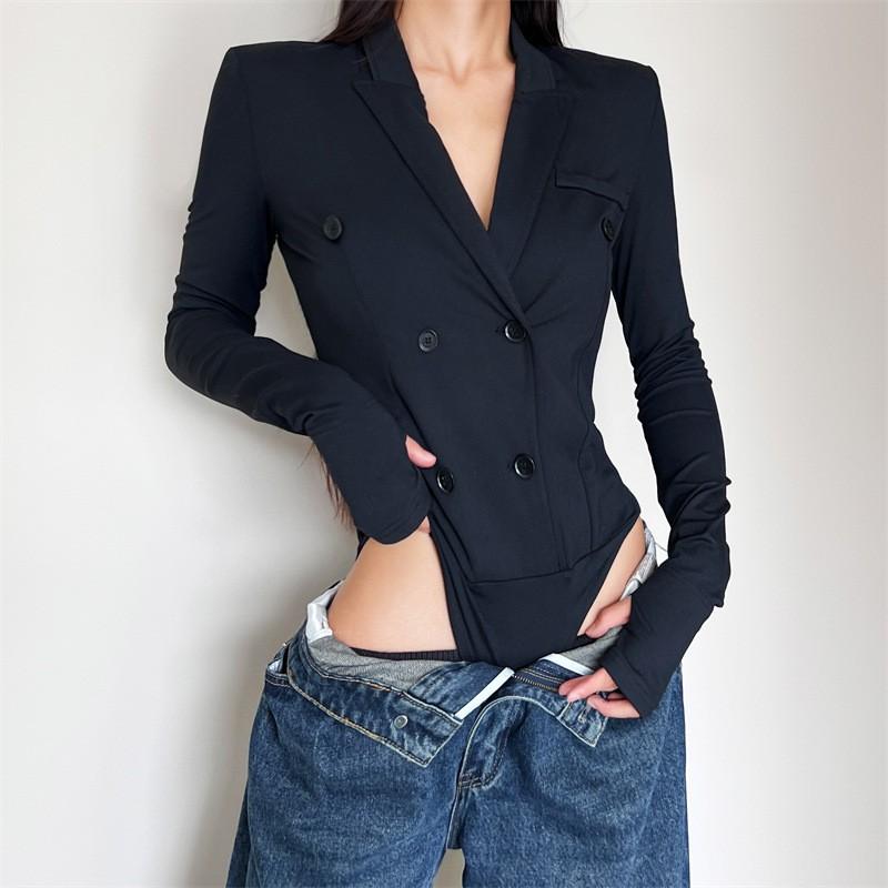 Sexy Blazer Collar Double-breasted Jumpsuit Slim Fit Black Outerwear Women