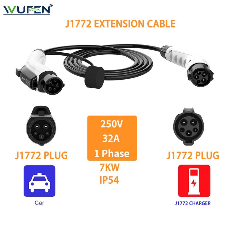 

WUFEN 32A 2M/5M/10M Electric Vehicle J1772 Extension Cord Charging J1772 female plug to Type1 male PLug for electric vehicle 5M