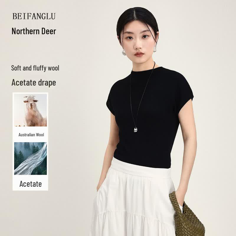 Beifanglu Summer Textured Wool Blend Short Sleeve Top S