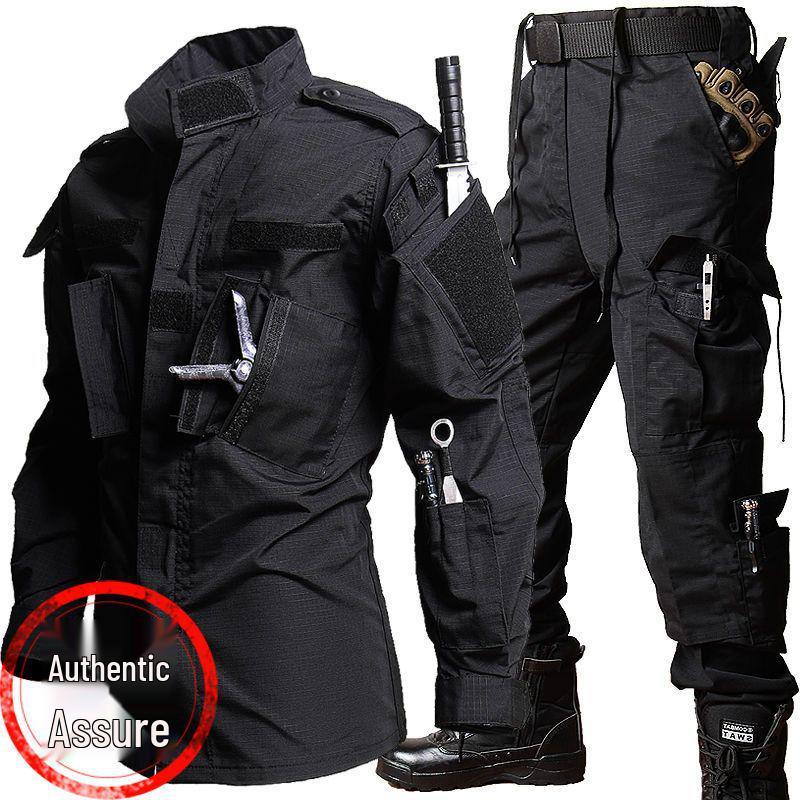 Męski ciemnoniebieski taktyczny garnitur treningowy outdoor: Odporna na ścieranie bojowa kurtka softshellowa