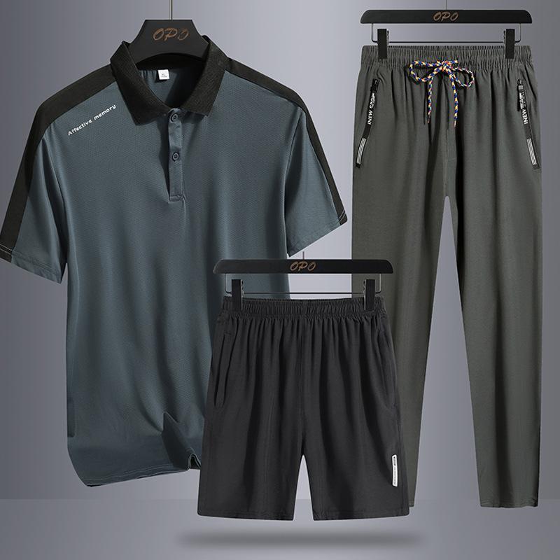 Sports Set Men's Casual Cool and Breathable Elastic Short Sleeved Polo Summer Three Piece Set Men's Clothing