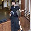 Chinese national style improved cheongsam black slim-fitting dress women's side split summer bubble short-sleeved waist dress