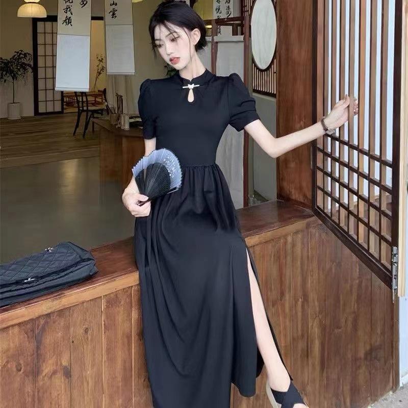 Chinese national style improved cheongsam black slim-fitting dress women's side split summer bubble short-sleeved waist dress