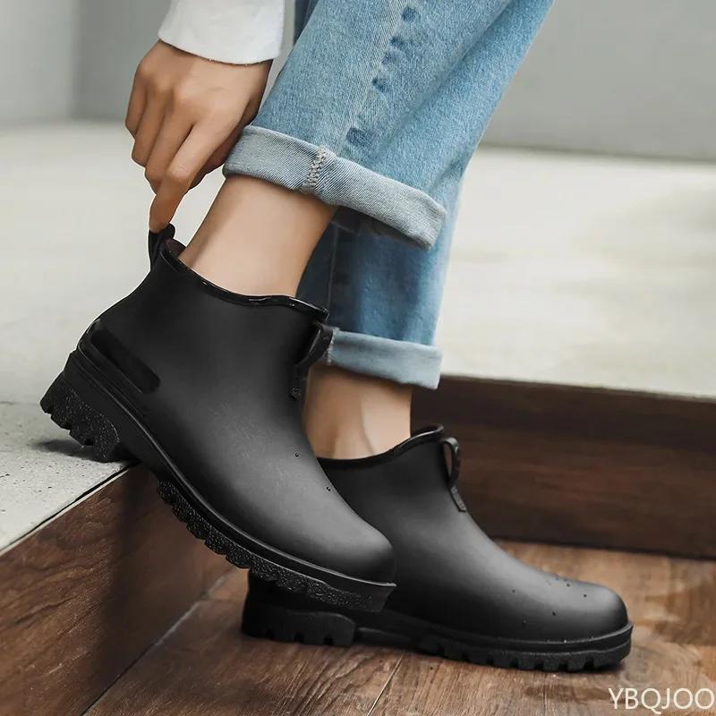 Low cut couple rain Shoes Ladies thick soled non slip rubber shoes Round toe solid color footwear Fashion women's rain boots