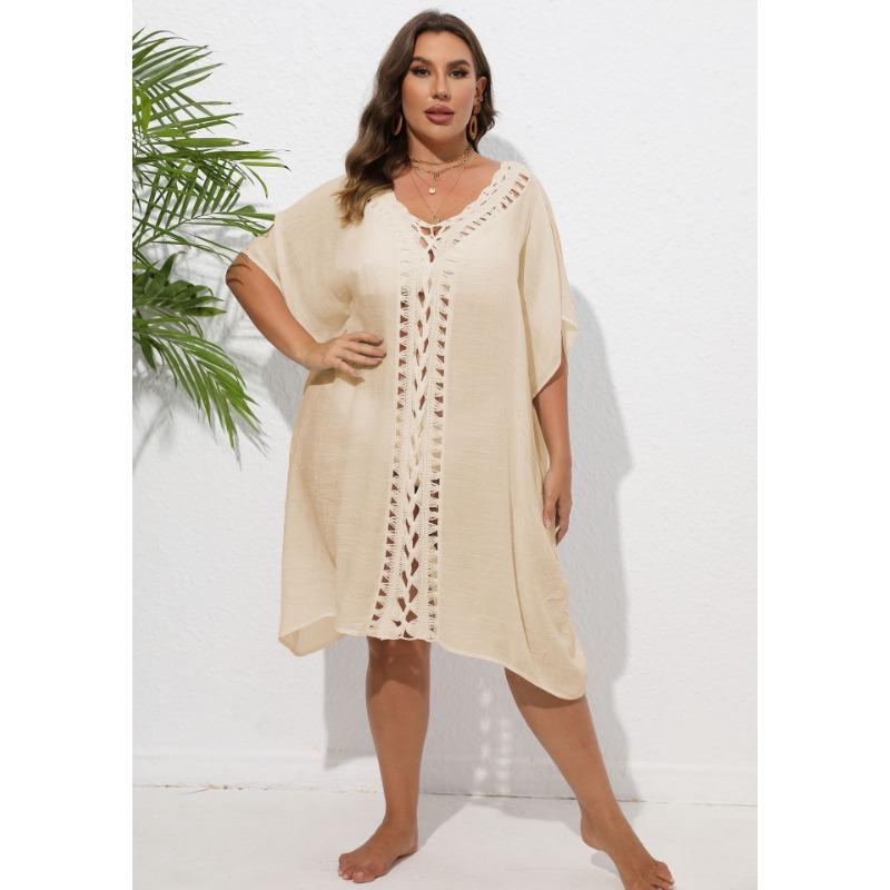 Women Plus Size Hand Crochet Floral Patchwork Cover Up Dress Loose Beach Bikini Cover Up Outerwear