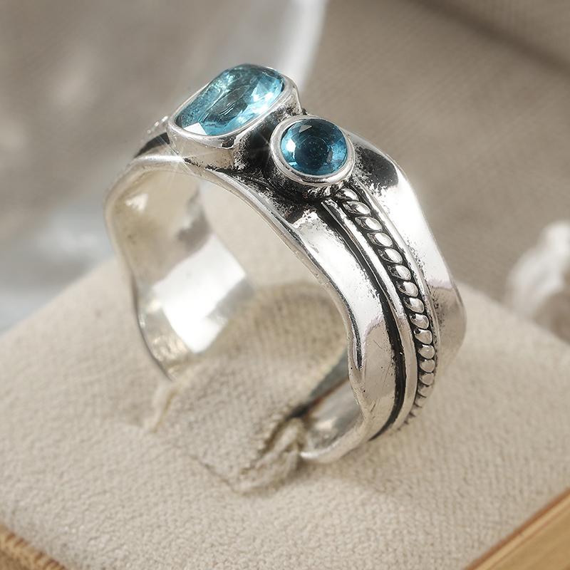 Vintage Inlaid Sea Blue CZ Women's Ring Sparkling CopperColor Hand Carving Daily Wear Party Jewelry Anniversary Gift