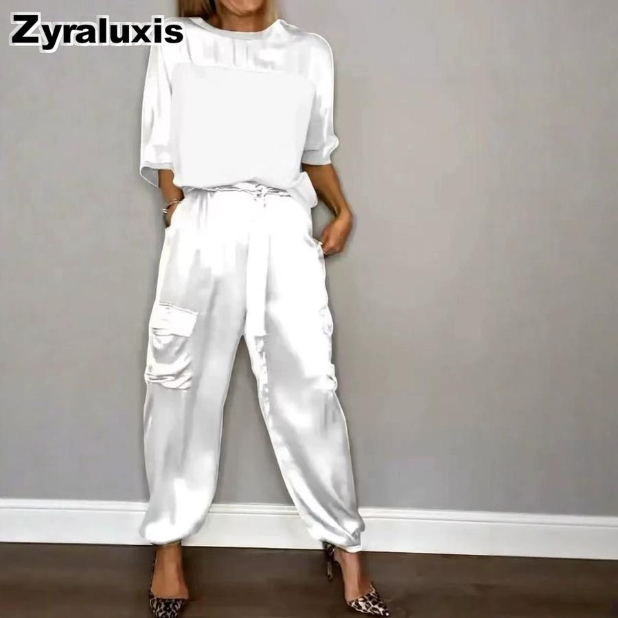 Women's Two Piece Set - Sleeveless Top & Pants, Solid Color Loose Casual Smooth Satin Pocketed Fashion Outfit