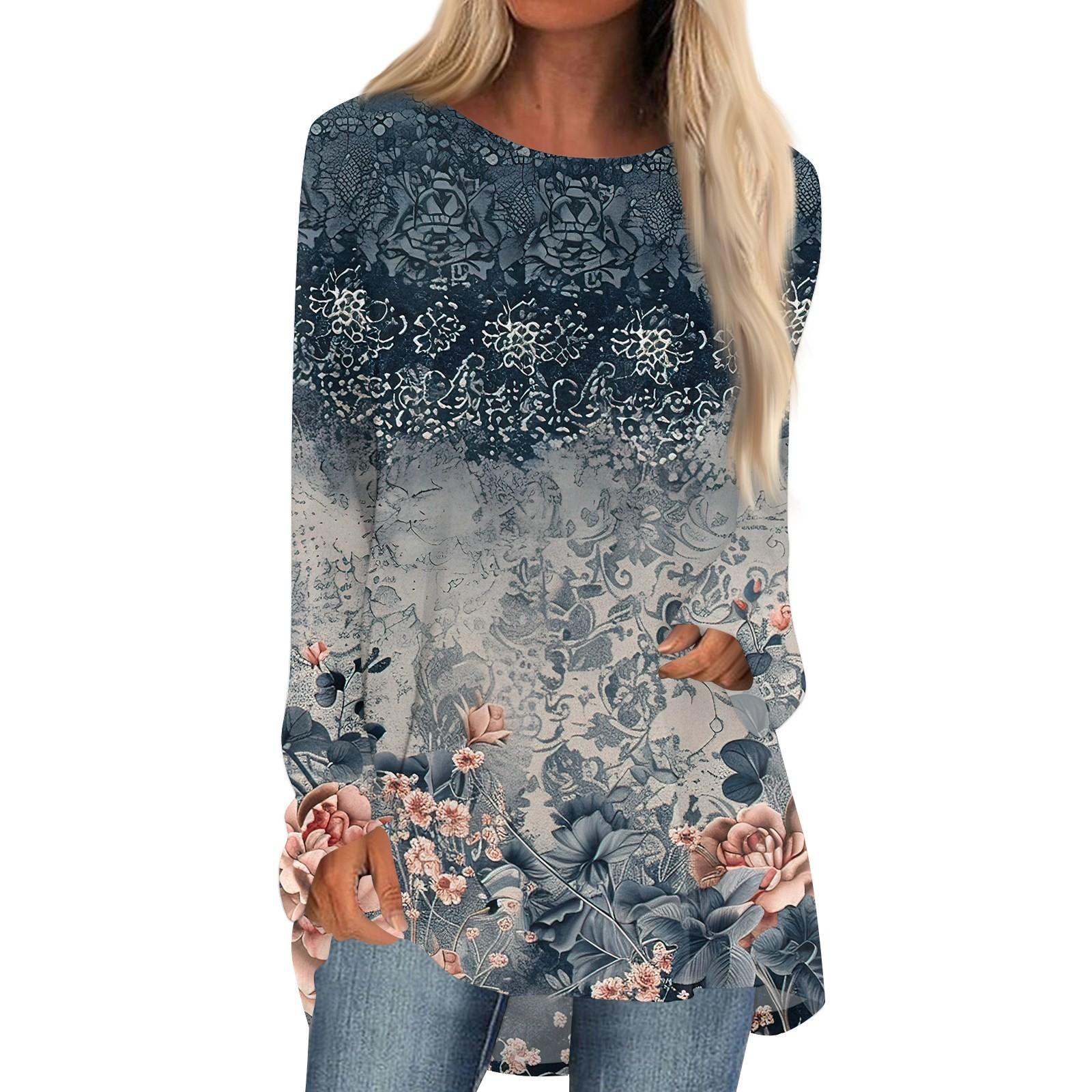 

Women s Fashion Casual Long Sleeve Print Round Neck Pullover Top Blouse S Темно-синій