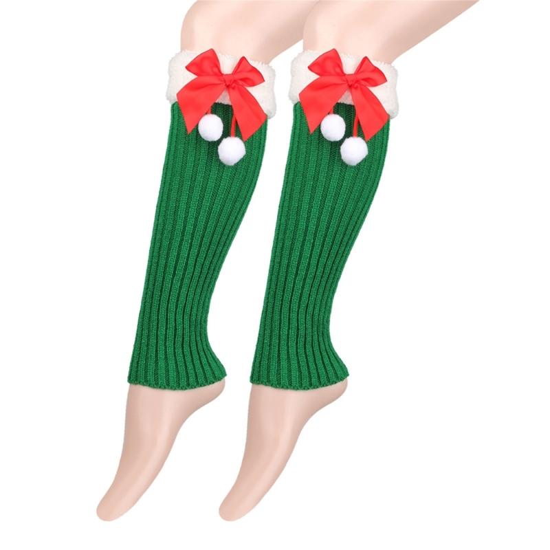Christmas Fleece Trim Warm Leg Warmers Sweet Plush Balls Bows Knitted Boot Covers Festival Footless Socks for Women