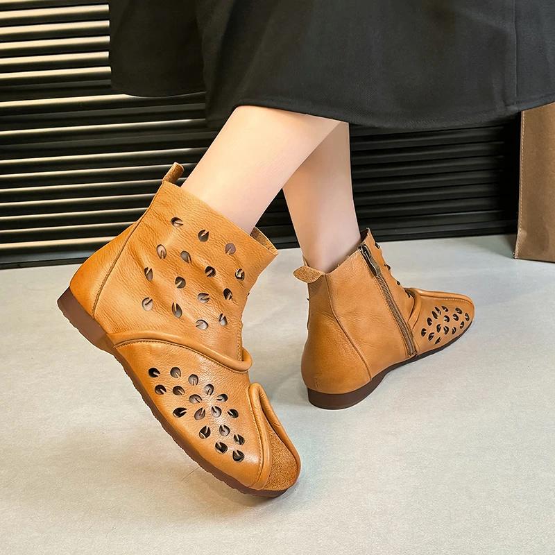 Retro Hollow Out Flat Heel Ankle Boots Women Leather Hollow Ankle Boots Side Zip High Top Shoes Luxury Casual Flat Short Boots