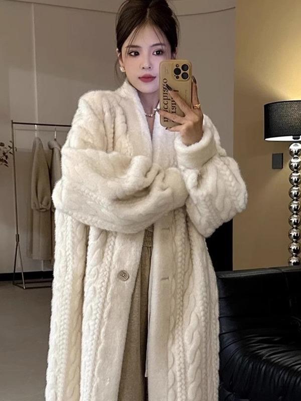 Thick Long Faux Mink Cable Knit Cardigan and Leather-Fur Eco Coat for Women Winter