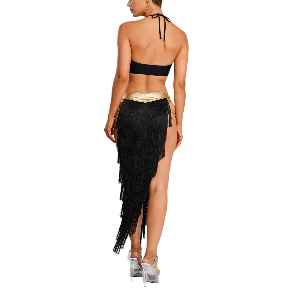 Womens Fringed Dance Outfit Halter Top Lace Up Gold Trim Crop Top Irregular Hem Slit Tiered Skirt