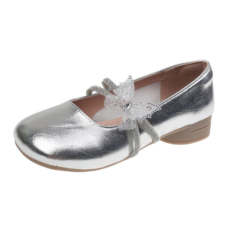 Francuskie srebrne płaskie dno kwadratowa główka Mary Jane pojedyncze buty damskie 2025 lato nowe cyrkoniowy kokarda ze spódniczką małe skórzane buty