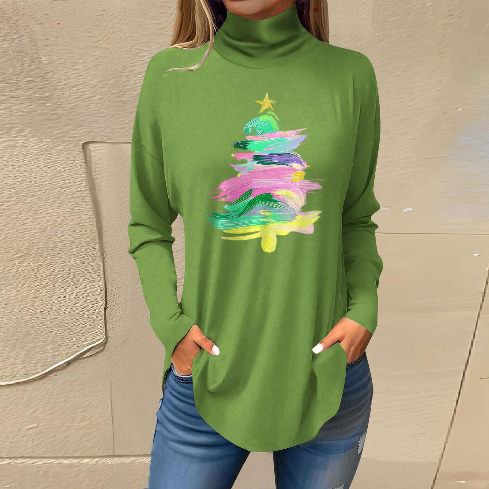 

Women s Fashionable Loose-Fit High-Neck T-Shirt With Christmas Print Long-Sleeved Top XXXL зелёный
