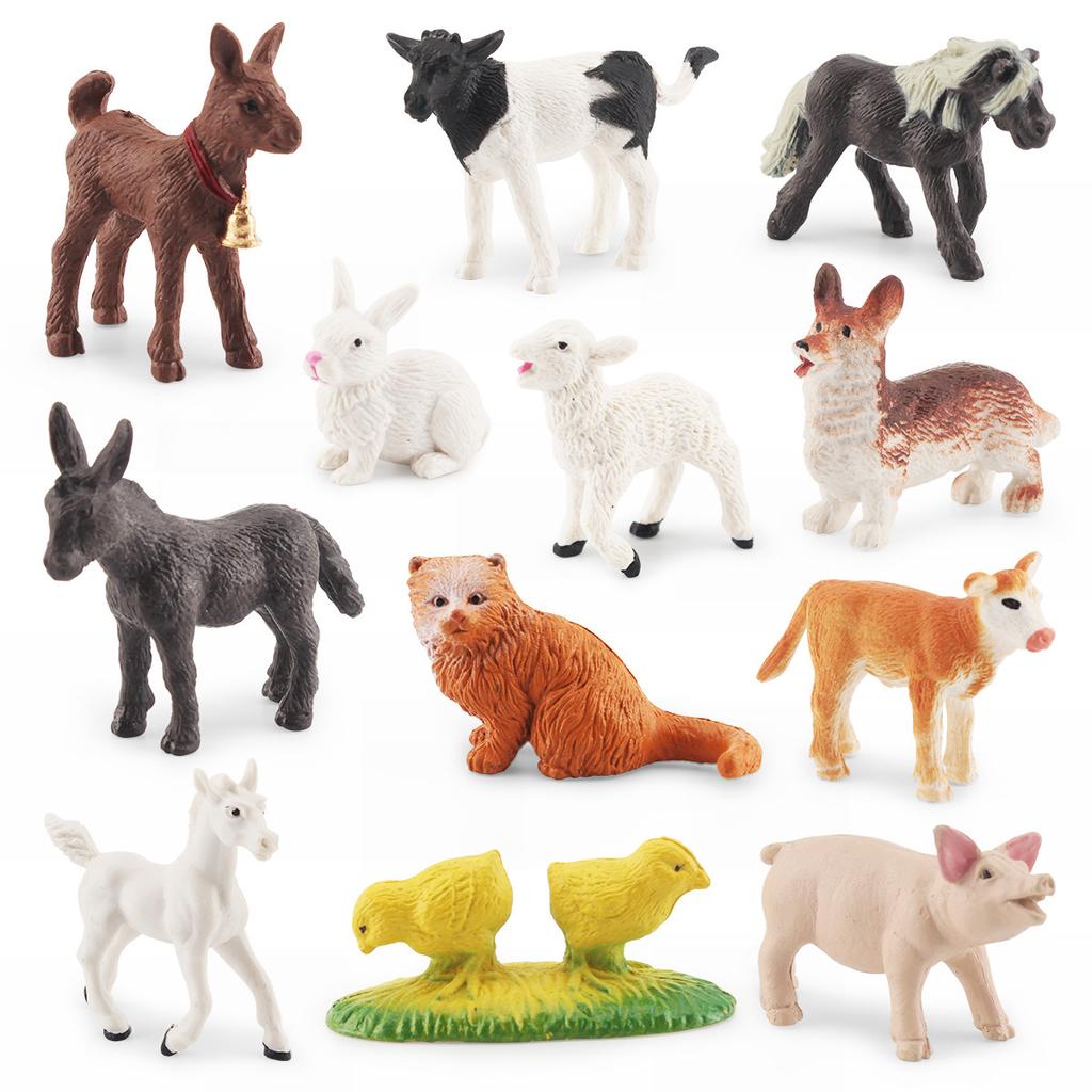 34-delt Mini Gård Fjærkre Dyresett, Statisk Ornament av Kylling, And, Gås, Gris, Hund, Katt, Sau, Hest og Esel Modell