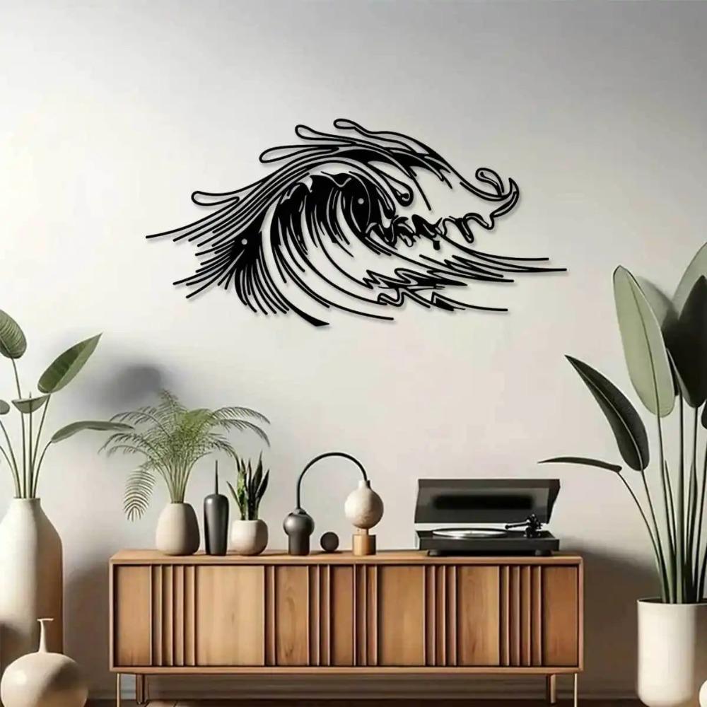 Black Iron Wave Wall Art for Living Room Patio Office, Metal Home Decor Coastal Design
