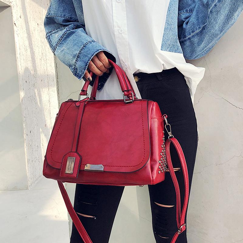 Vintage Rivet Handbags Pu Leather Women Crossbody Shoulder Bag Designer Luxury Large Capacity Boston Messenger Bag Quality