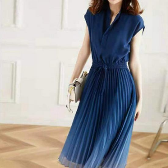 

Шикарное приталенное плиссированное чайное платье во французском стиле для женщин - Высококлассная летняя мода S синий